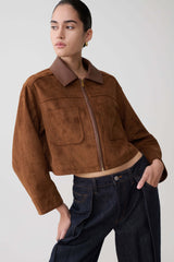 Remy Faux Suede & Leather Collared Jacket - Tan