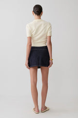 Loraine Mid Rise Denim Mini Skirt - Indigo Pinstripe