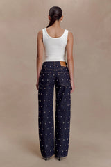 Alima Mid Rise Stud Denim Jeans - Washed Indigo Blue