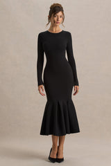 Liberty | Black High Neck Mermaid Midi Dress With Ruffling Detail