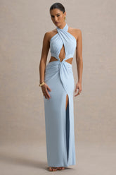 Aura | Powder Blue Halter-Neck Cut-Out Split Maxi Dress