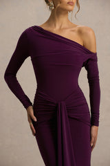 Clover | Burgundy Asymmetric-Neck Wrapped Maxi Dress With Sash