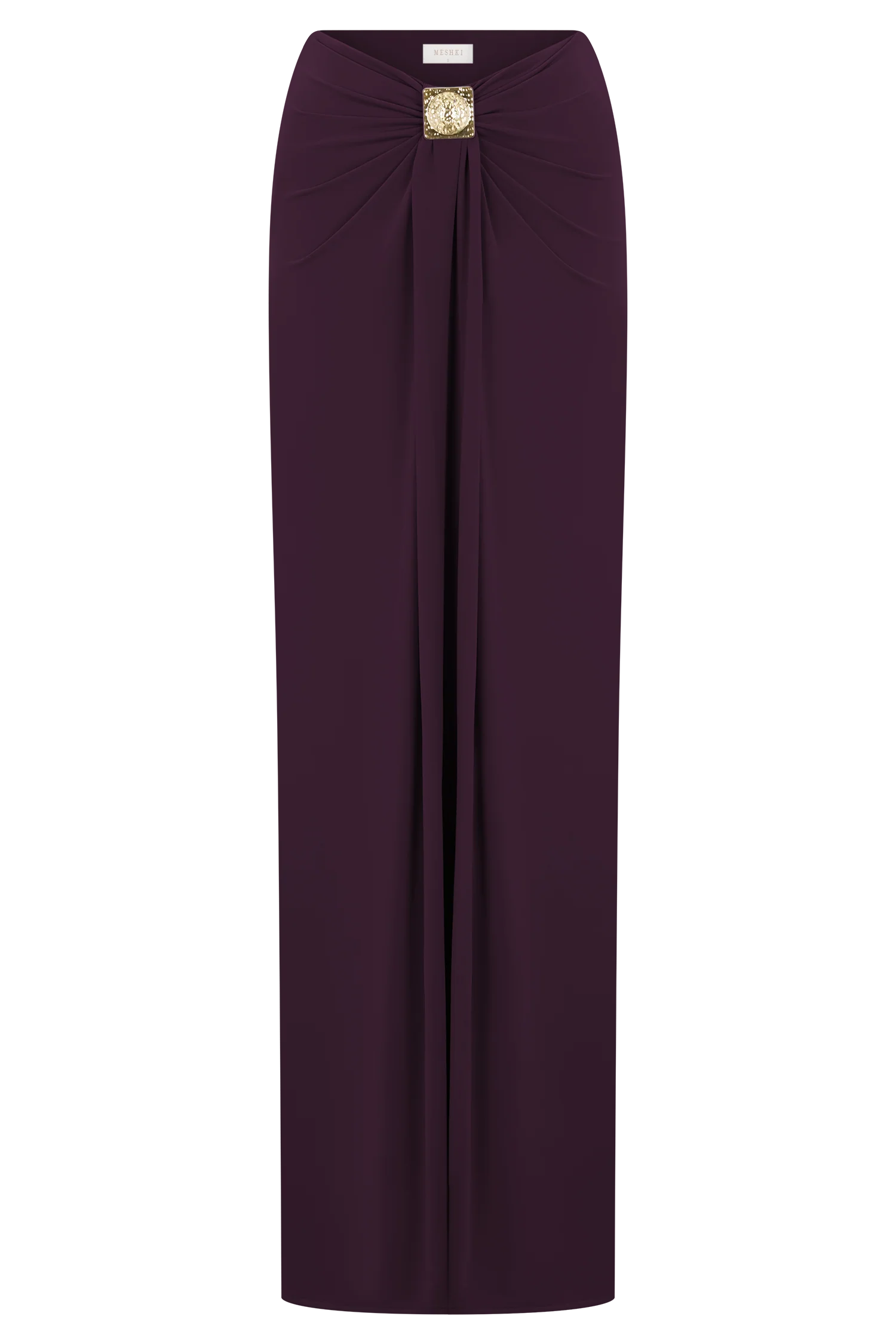 Erina Slinky Ruched Maxi Skirt With Hardware - Aubergine