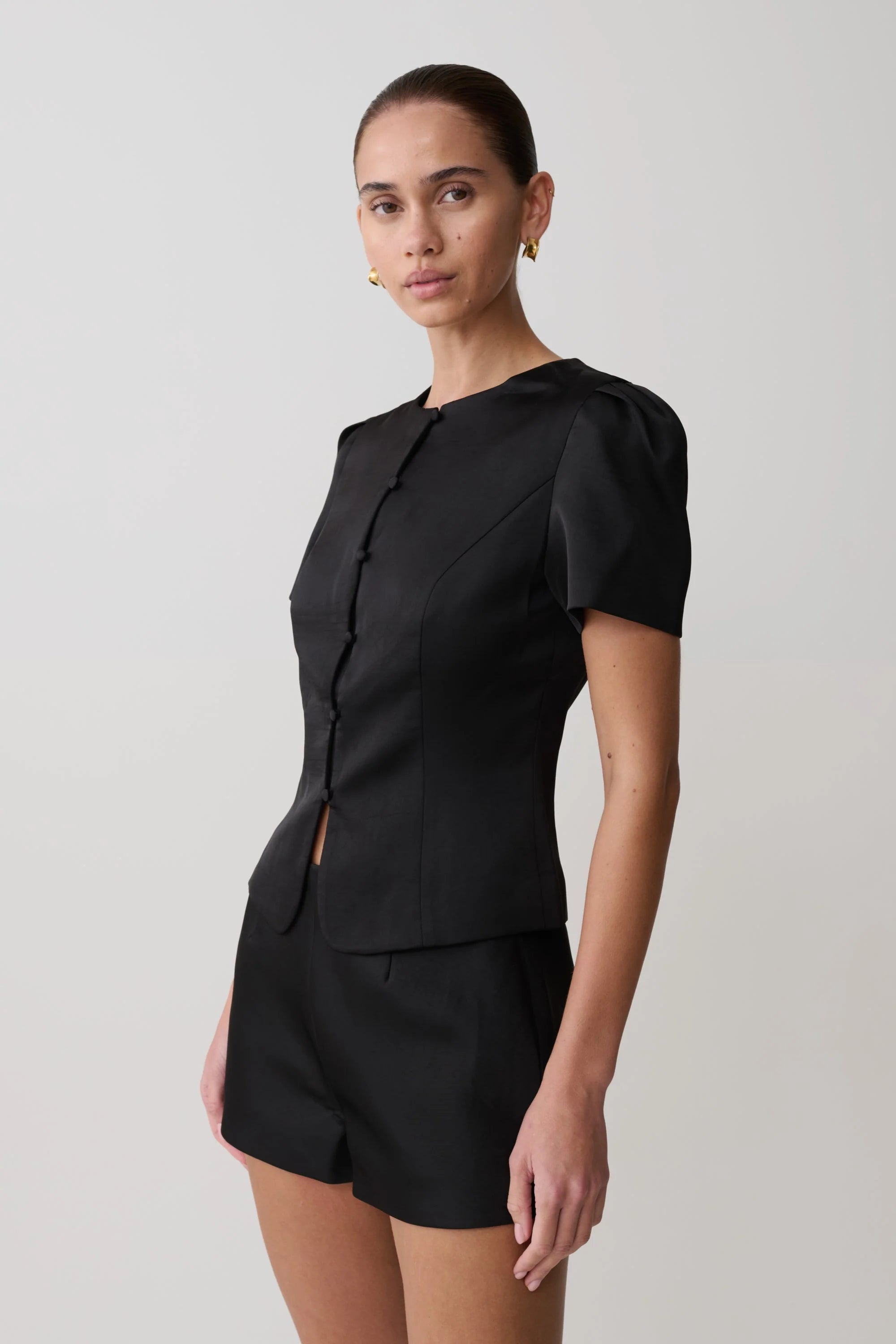 Anne Short Sleeve Satin Top - Black