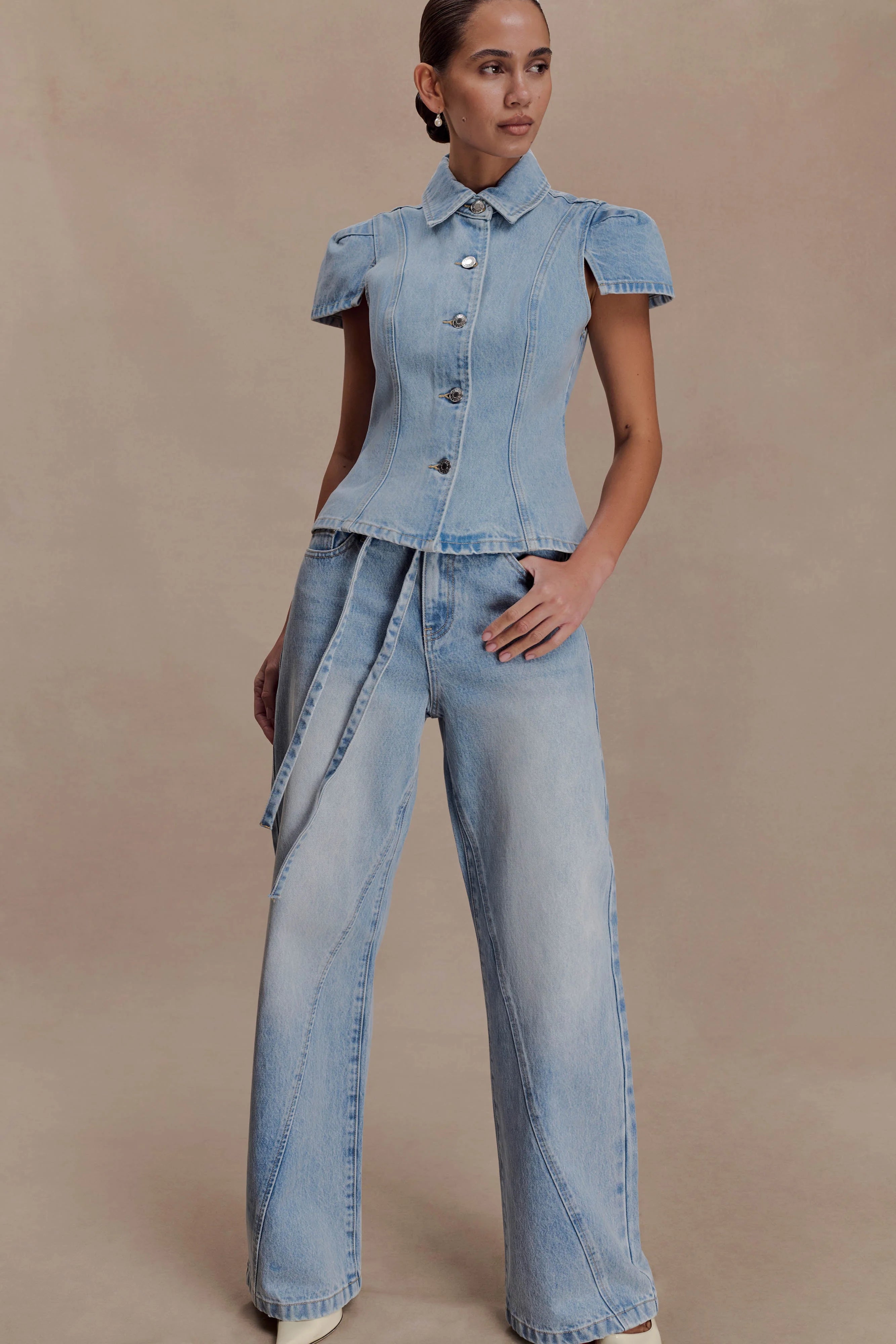 Perrie Mid Rise Straight Leg Tie Jeans - Washed Light Blue