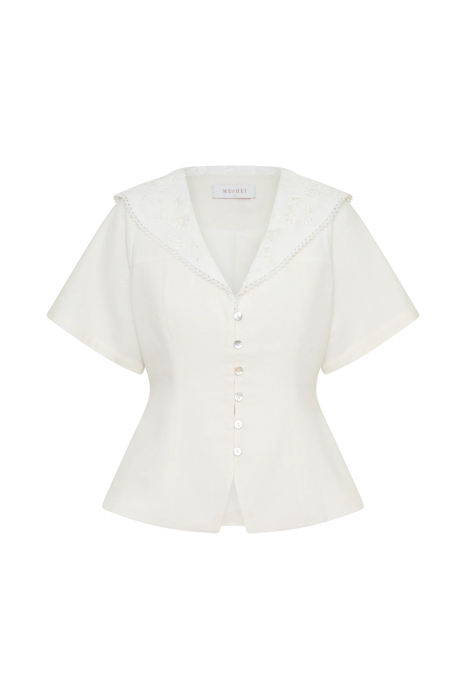 Melody Short Sleeve Shirt With Lace Collar - White