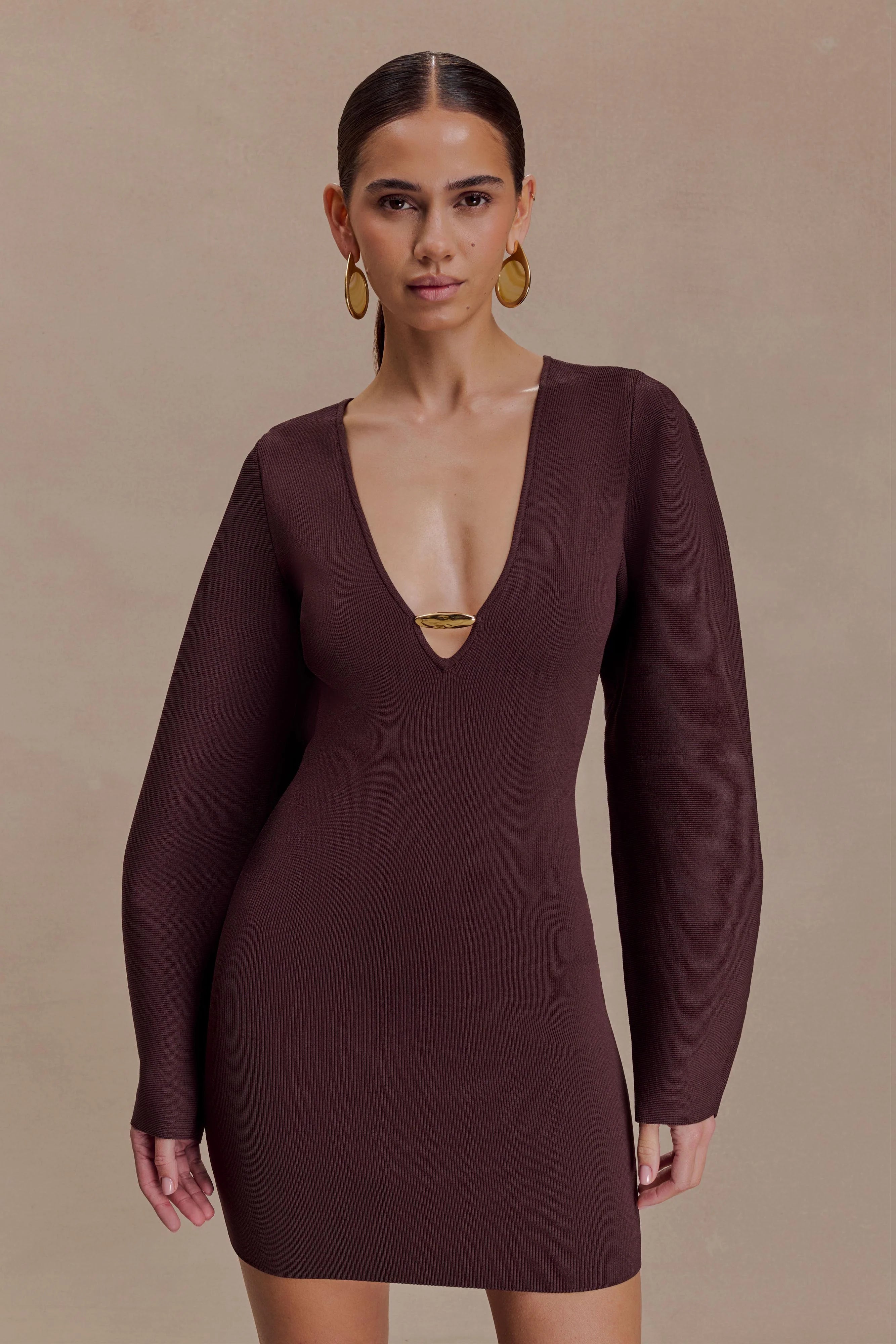 Billy Balloon Sleeve Knit Mini Dress - Dark Chocolate