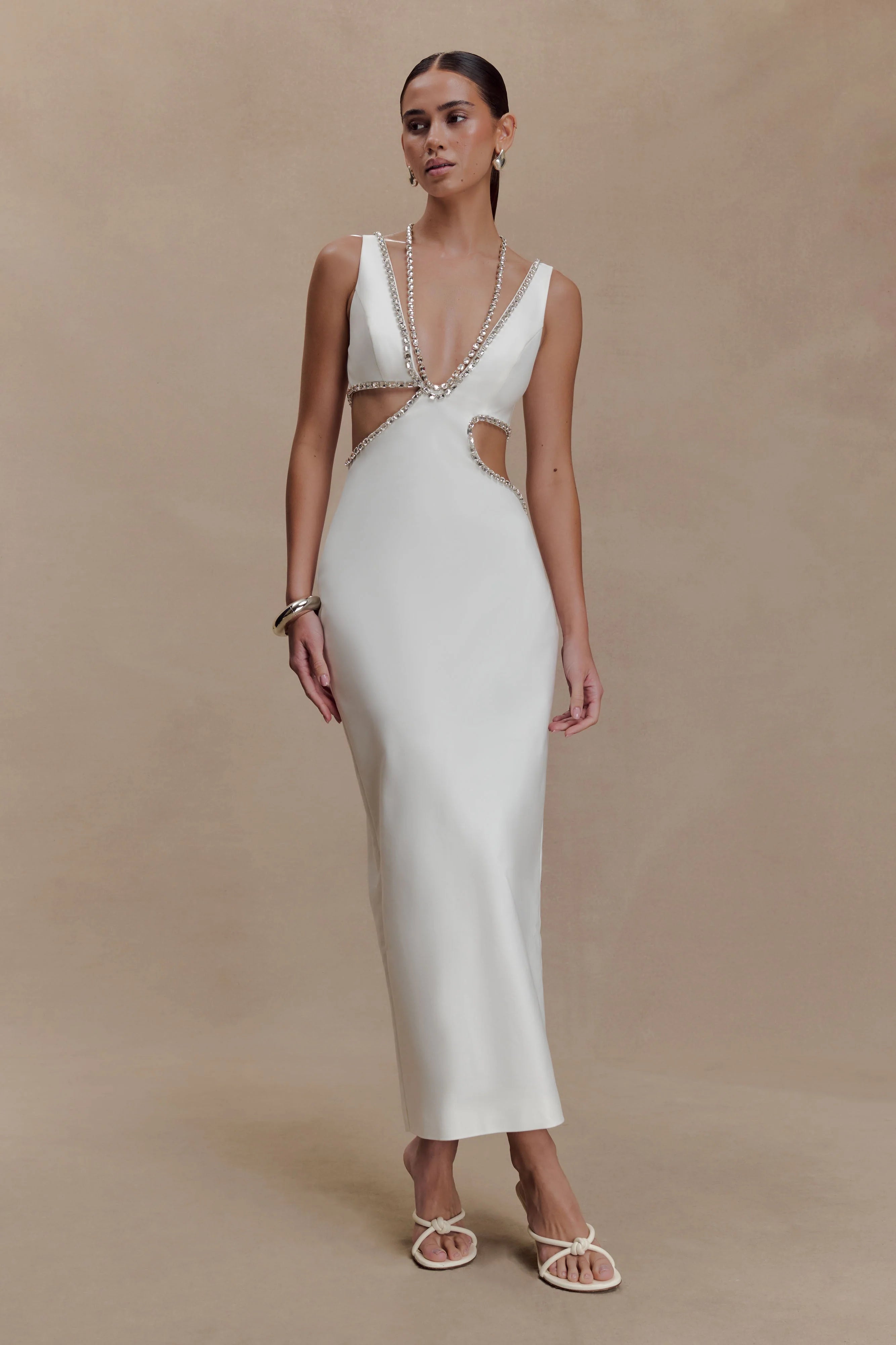 Henny Diamante Trim Cut Out Midi Dress - White