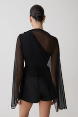 Ida Sheer Asymmetrical Long Sleeve Cape - Black