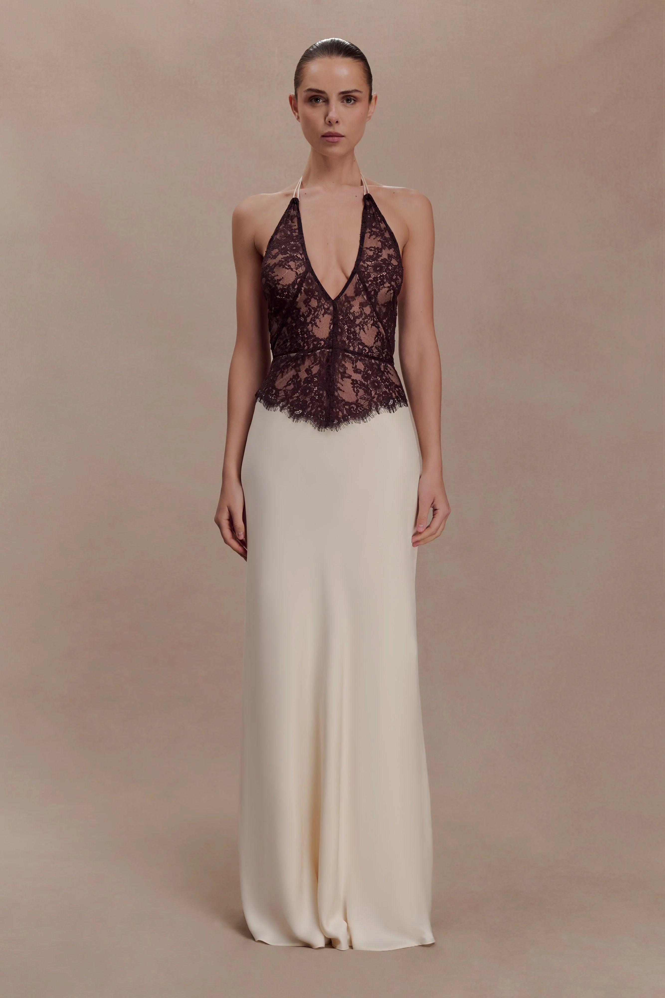 Sascha Lace And Satin Halter Maxi Dress - Ivory/Chocolate