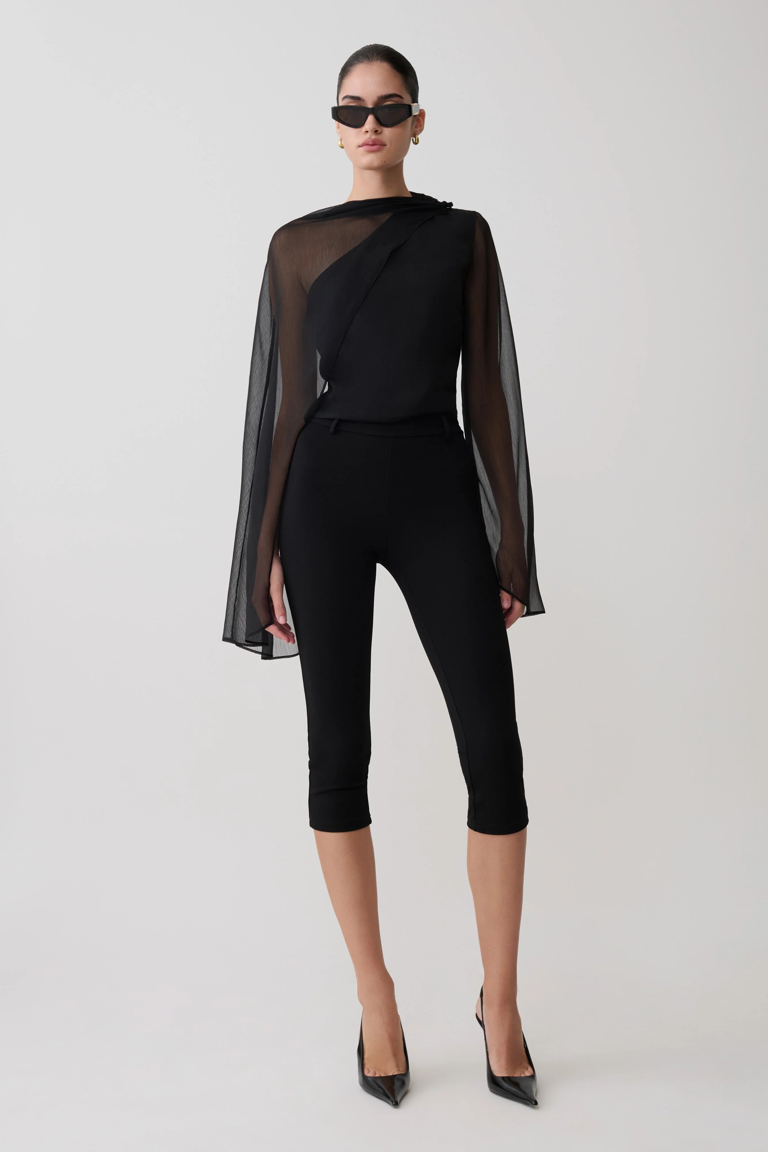 Ida Sheer Asymmetrical Long Sleeve Cape - Black
