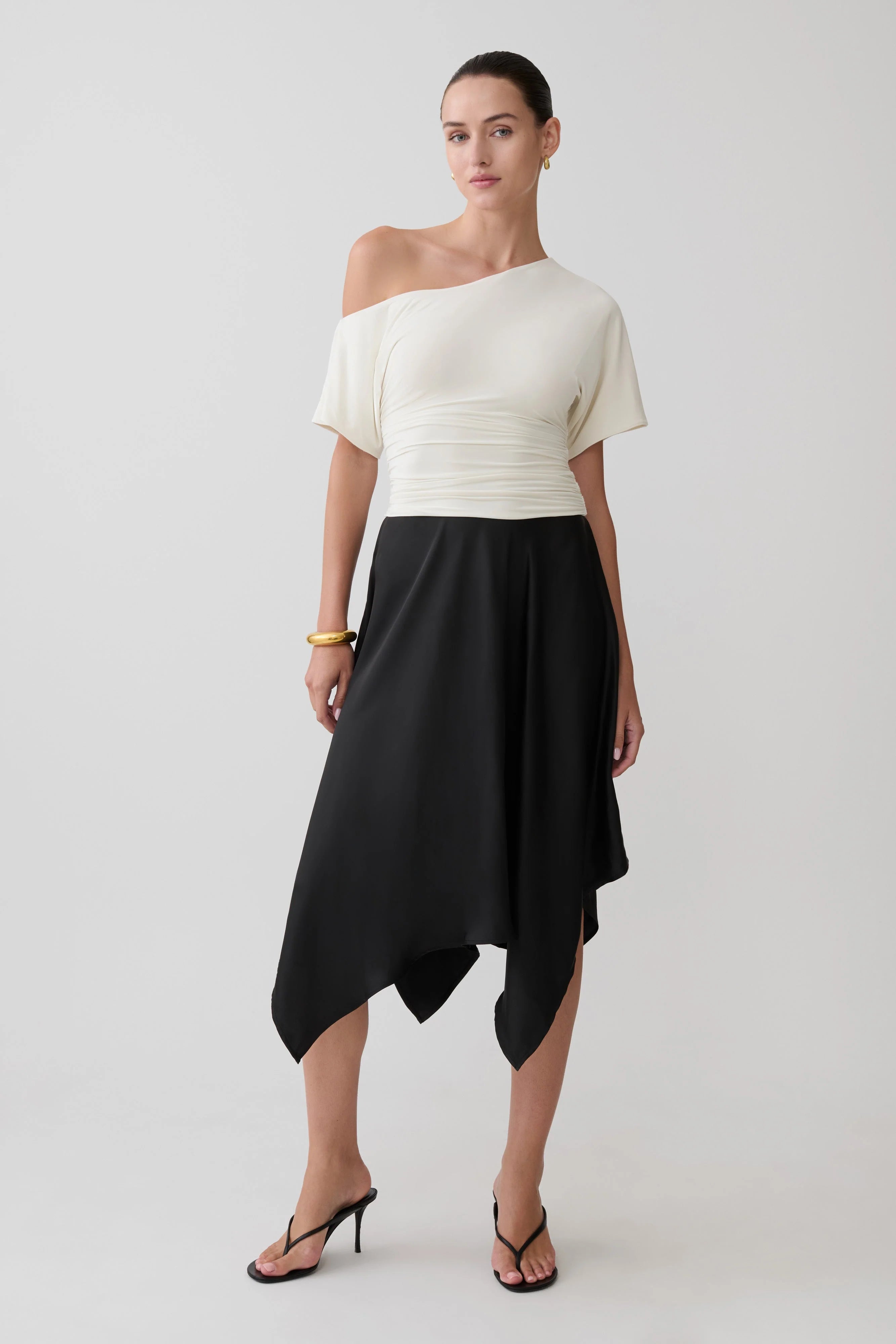 Coralie Asymmetric Satin Midi Skirt - Black