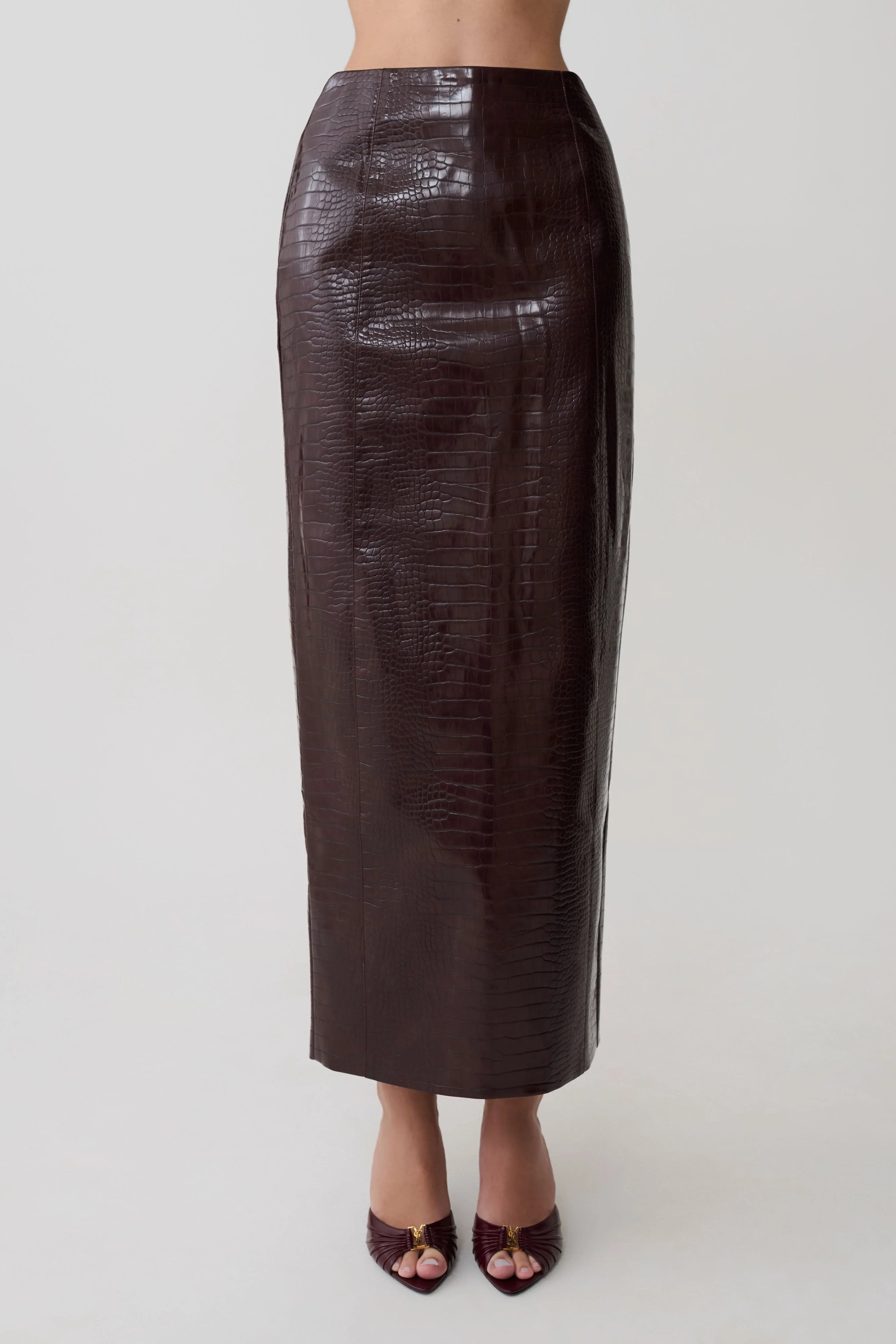 Thalia Croc Faux Leather Midi Skirt - Merlot
