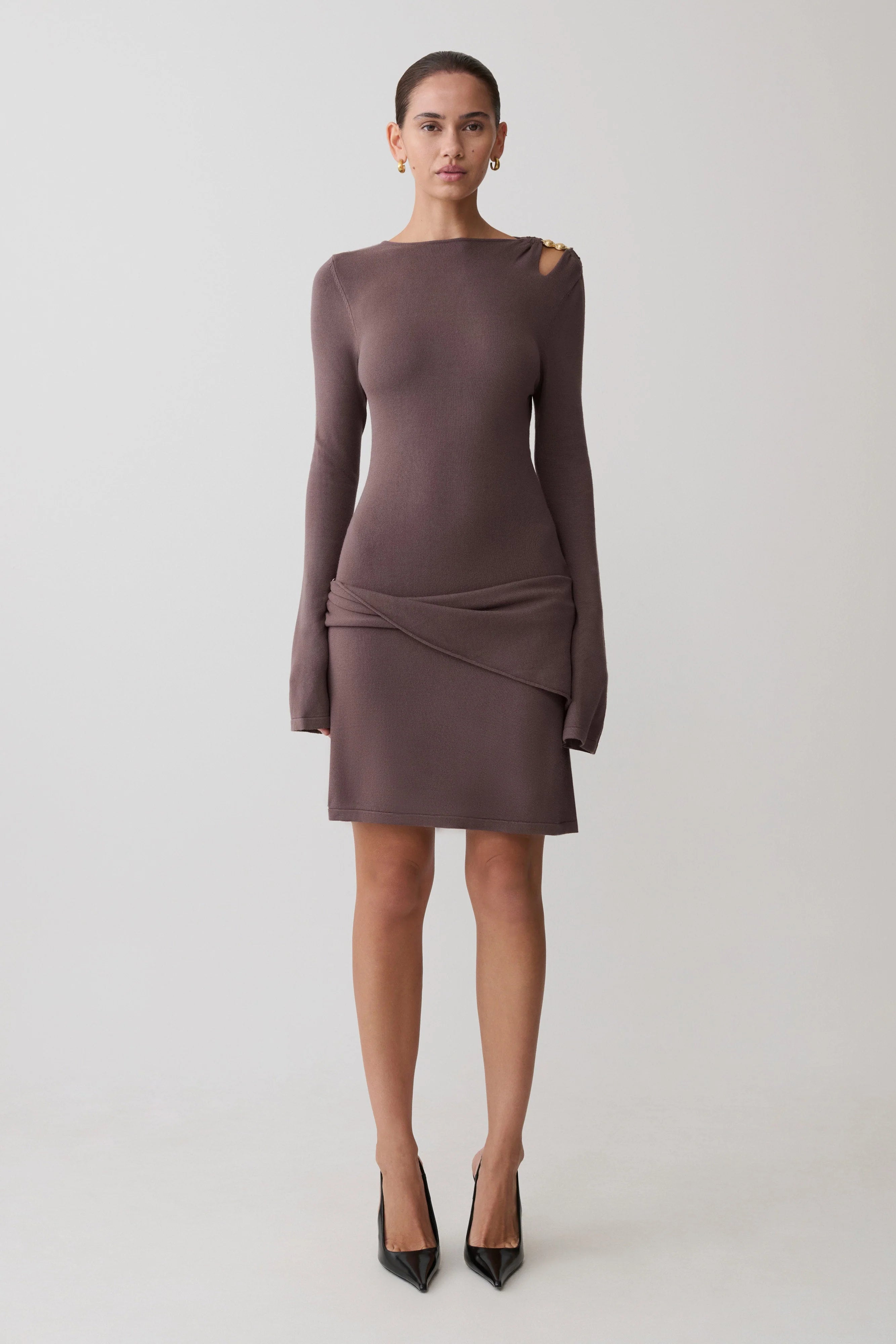 Cresida Knit Long Sleeve Mini Dress With Hardware - Peppercorn