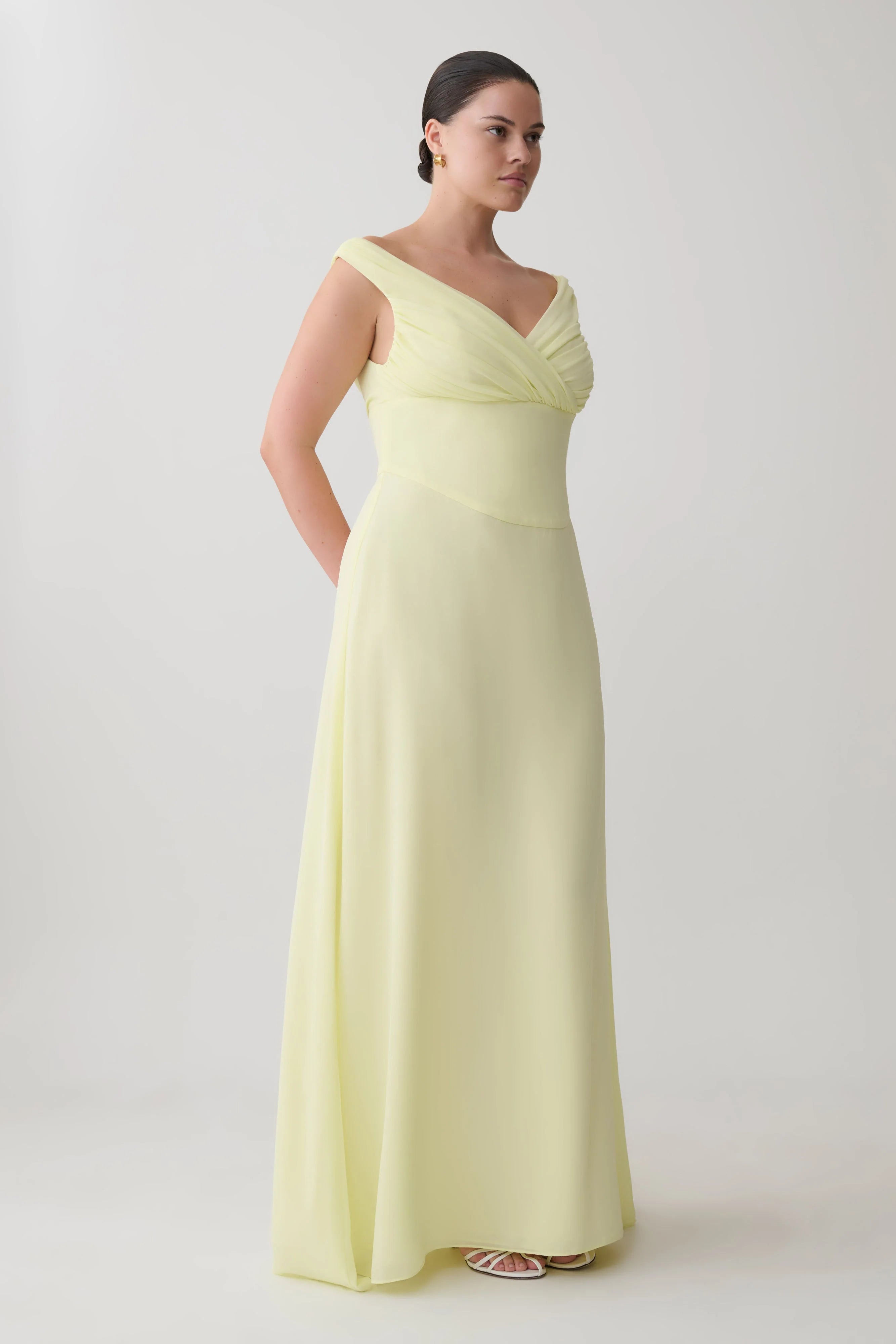 Mabel Off Shoulder Chiffon Maxi Dress - Lemon