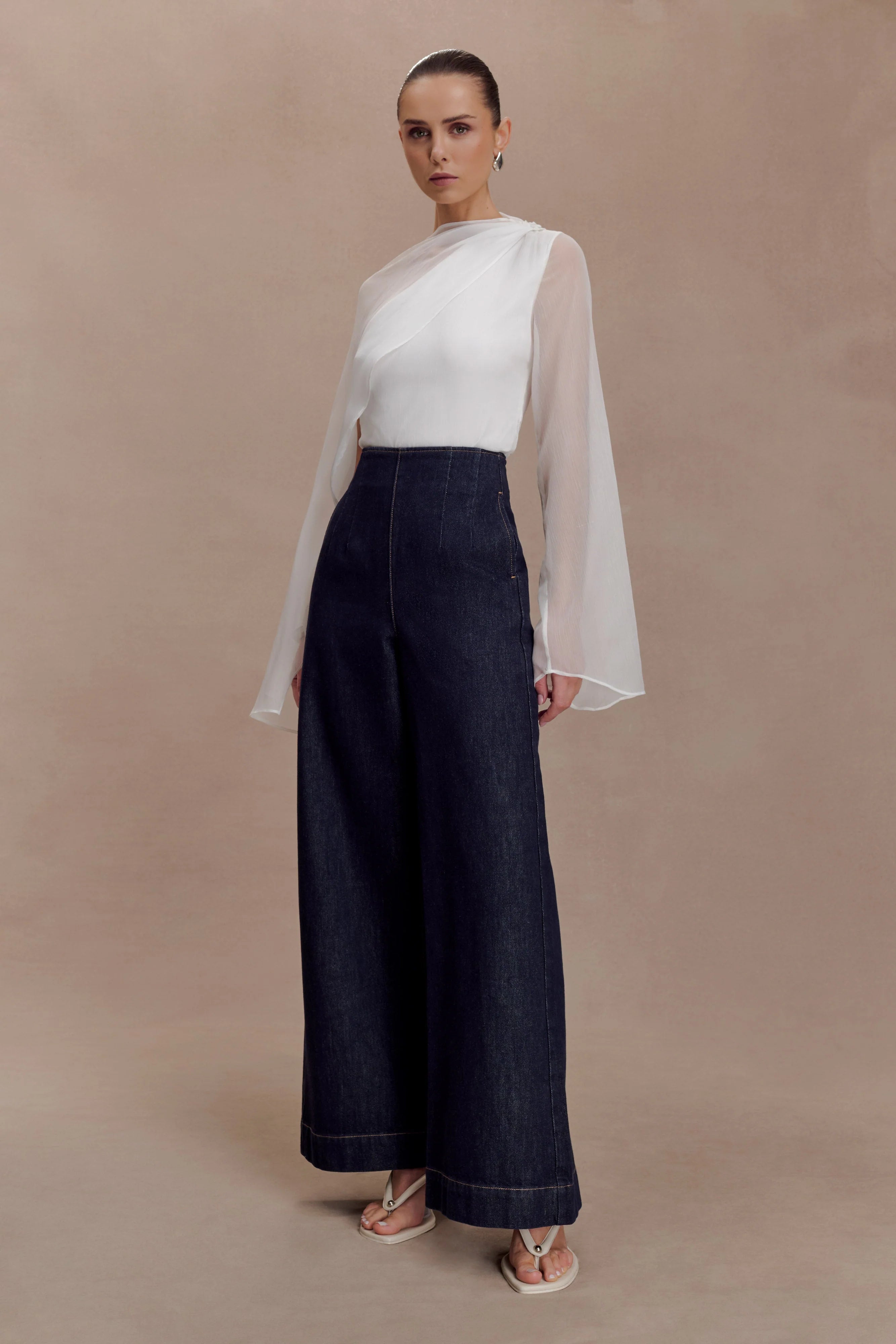 Ida Sheer Asymmetrical Long Sleeve Cape - White