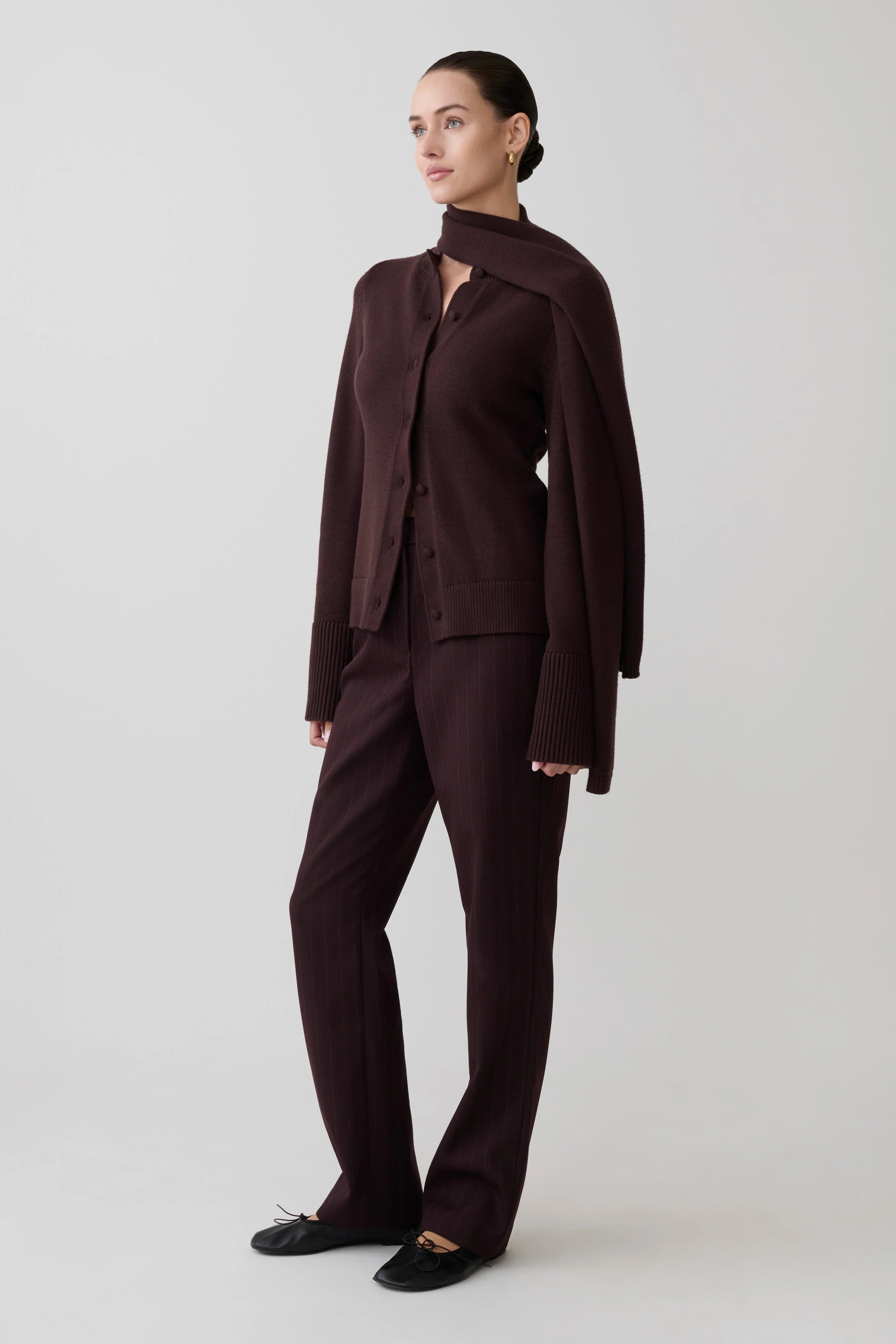 Lara Knit Cardigan With Scarf - Chocolate