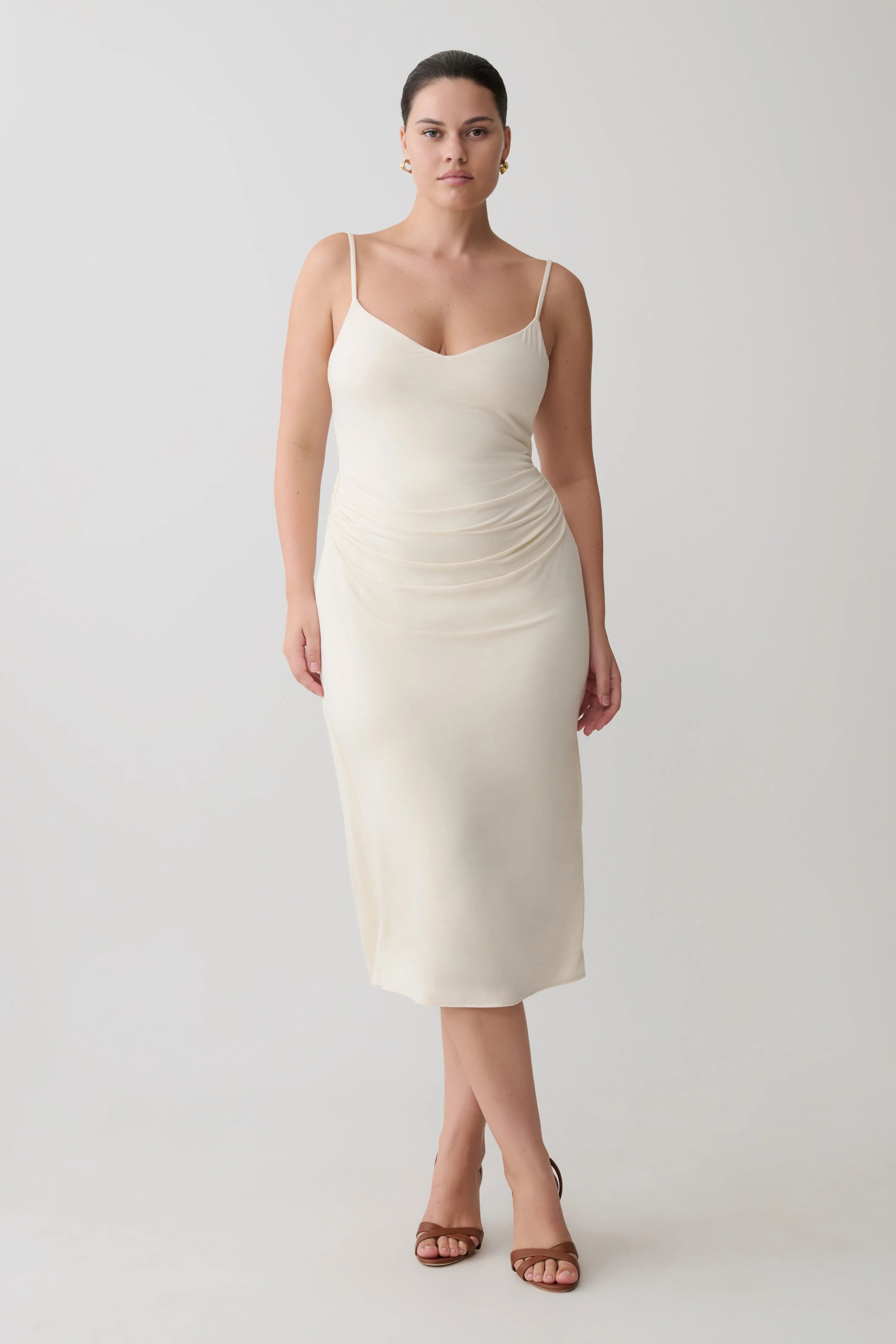 Vina Gathered Jersey Midi Dress - Ivory