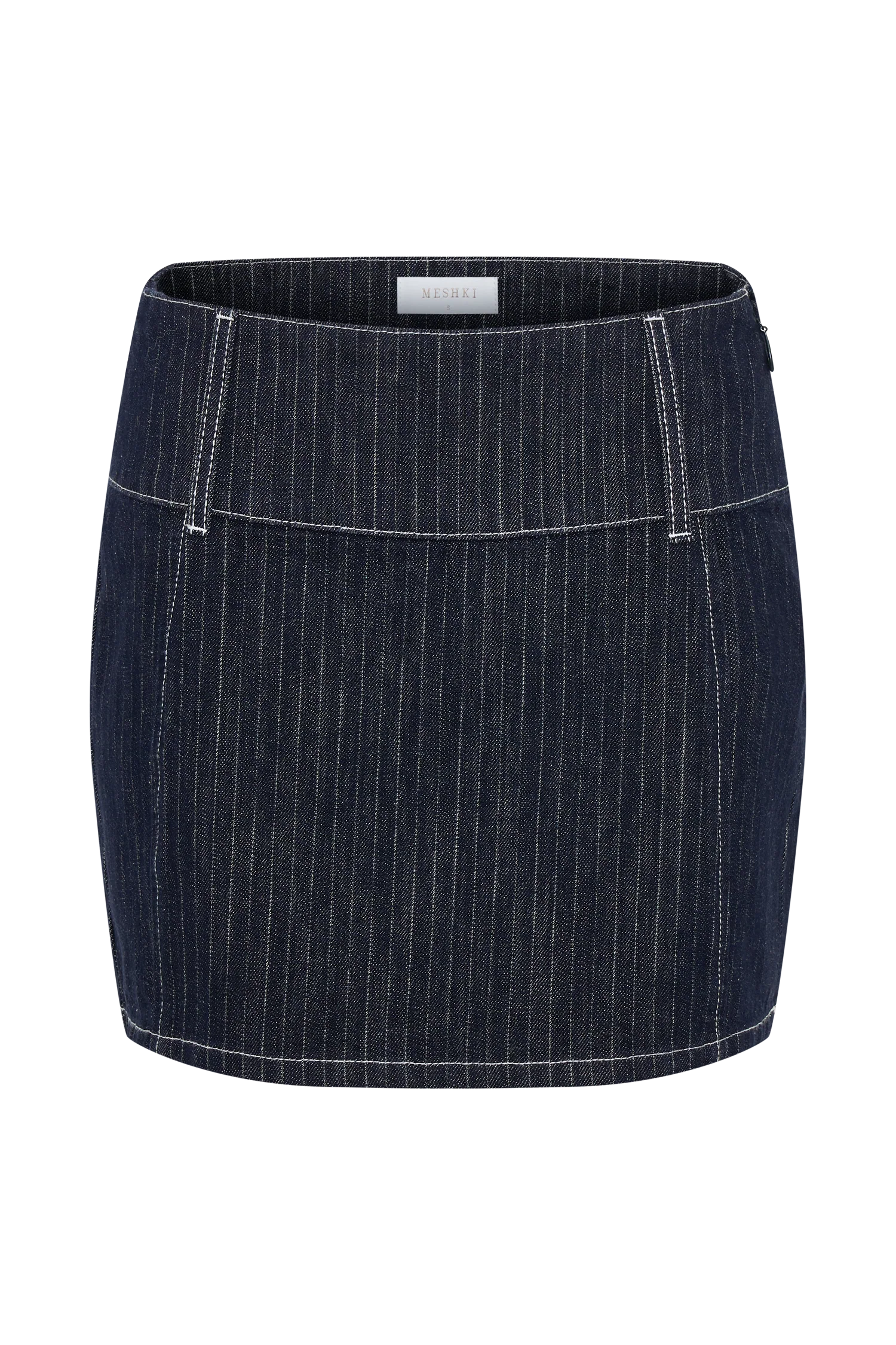 Loraine Mid Rise Denim Mini Skirt - Indigo Pinstripe