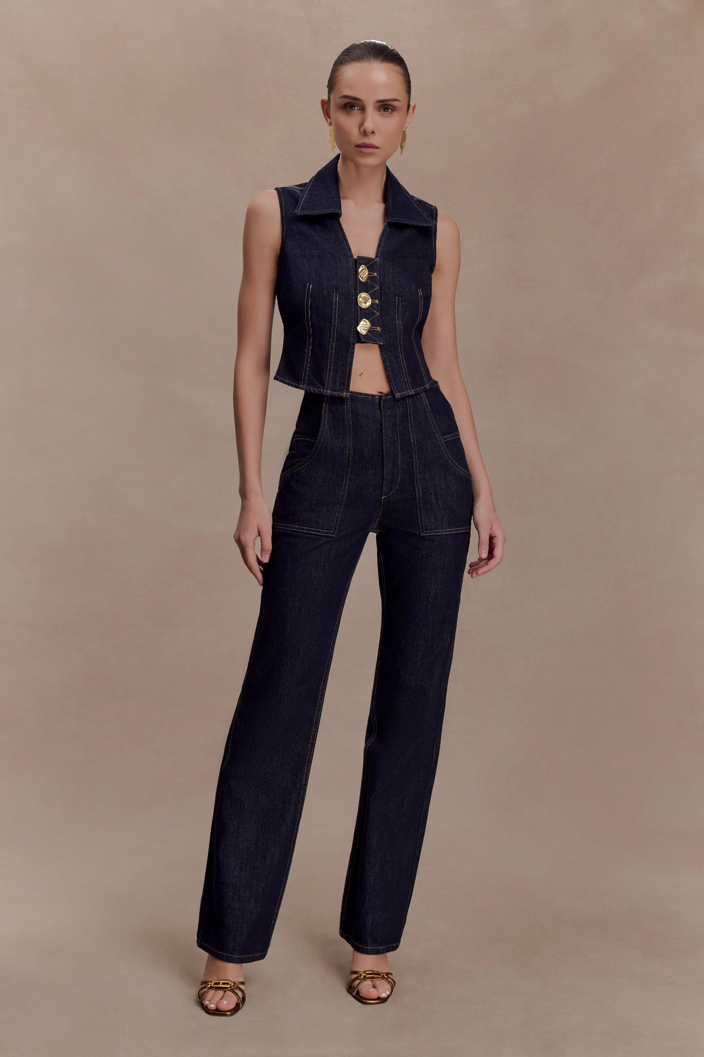 Shona Denim Vest With Decorative Buttons - Washed Indigo Blue