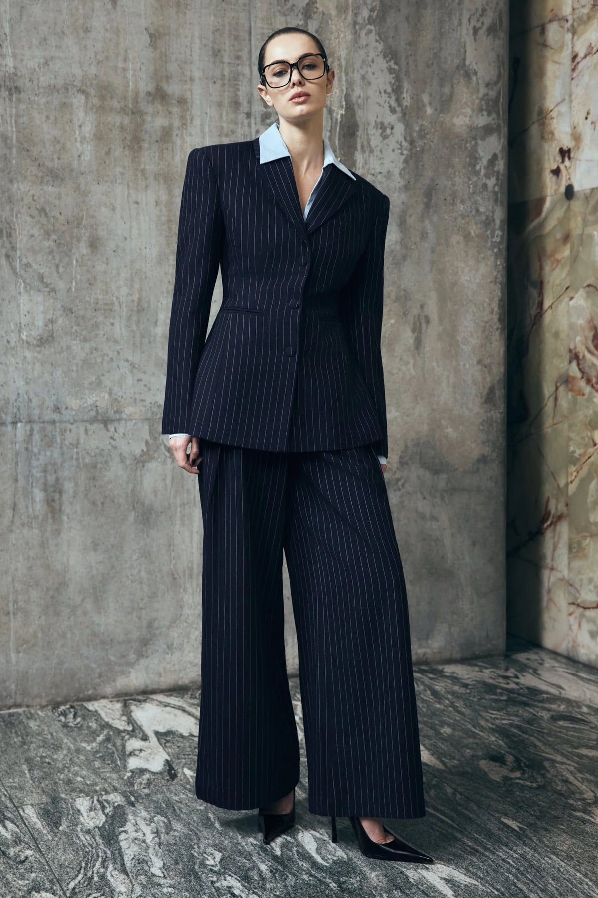 Jacqueline Pleated Wide Leg Pants - Navy Pinstripe