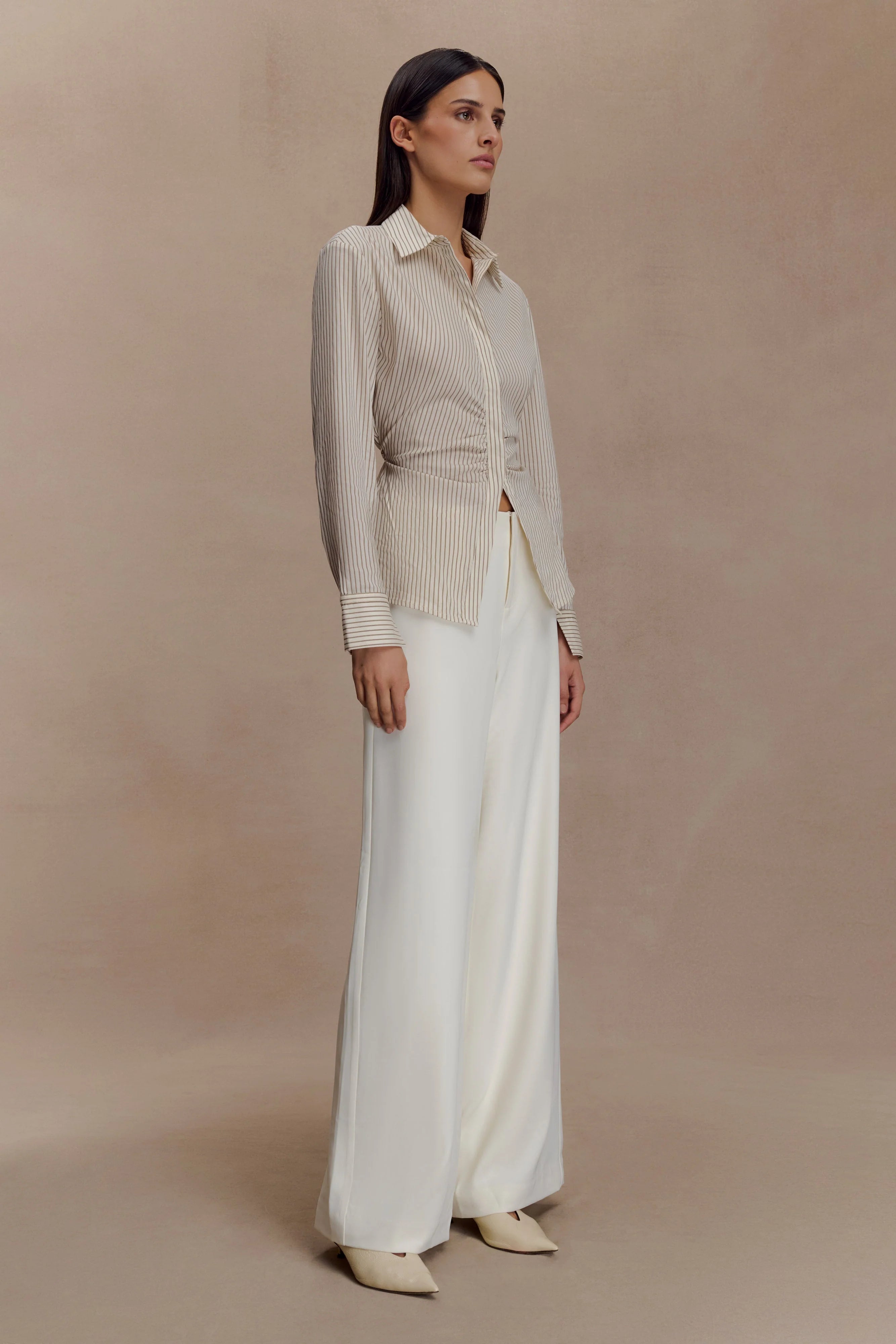 Millie Tie Back Cotton Shirt - Beige Pinstripe