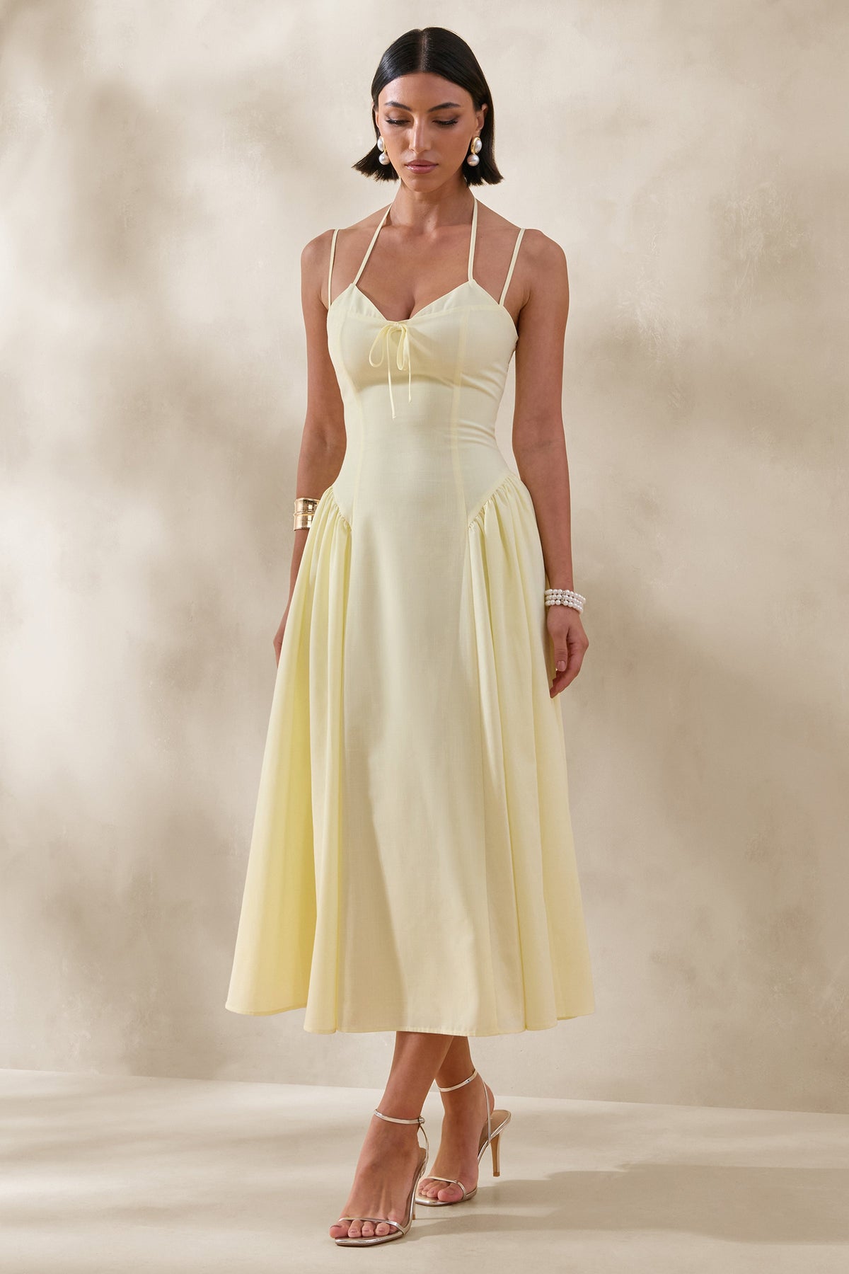 Audrey | Lemon Sweetheart-Neck Midi Dress With Ruching Detail