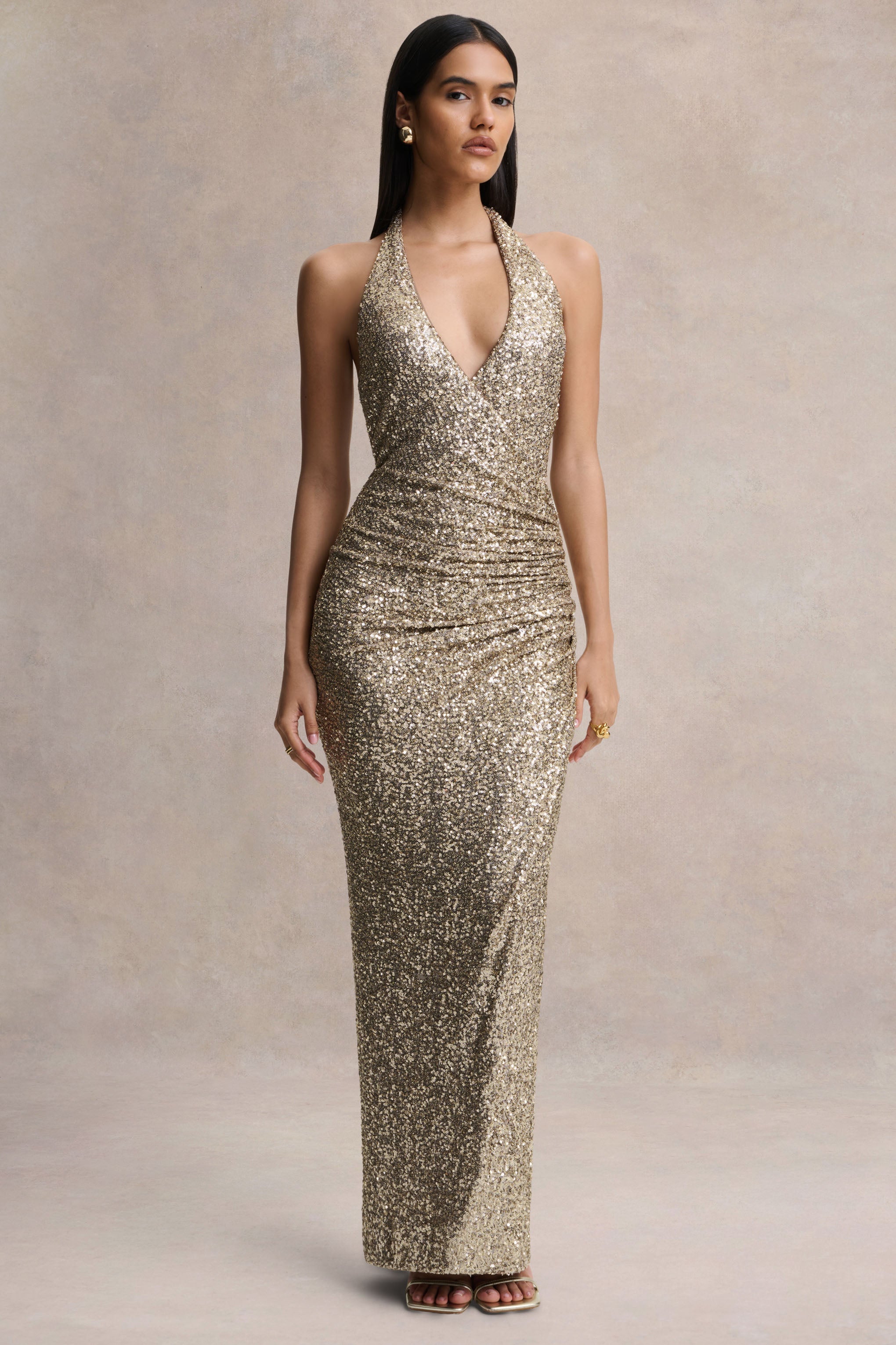 Gio | Champagne Sequin Plunge-Neck Wrap Maxi Dress With Ruched Detailing