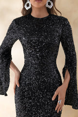 Romea | Black Sequin High-Neck Maxi Dress With Cape Sleeves