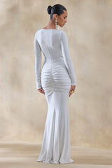 Liatris | White Wide-Neck Maxi-Dress With Gathered-Detailing