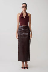 Thalia Croc Faux Leather Midi Skirt - Merlot