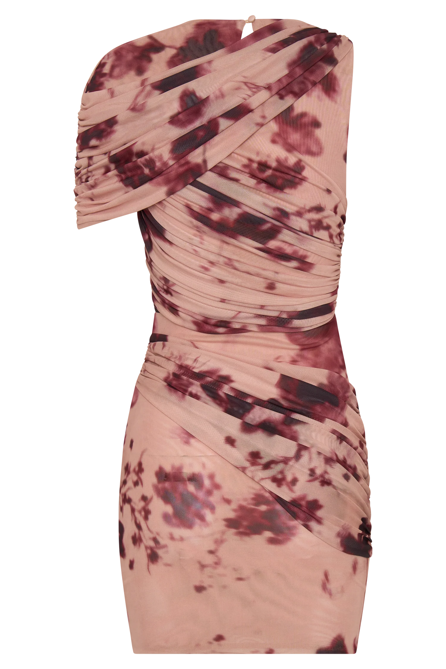 Adrienne One Shoulder Mesh Mini Dress - Nude Blurred Floral Print