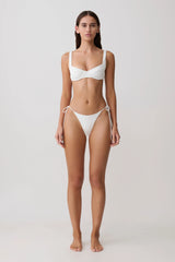Blossom Side Tie Bikini Bottom - White Textured Fabric