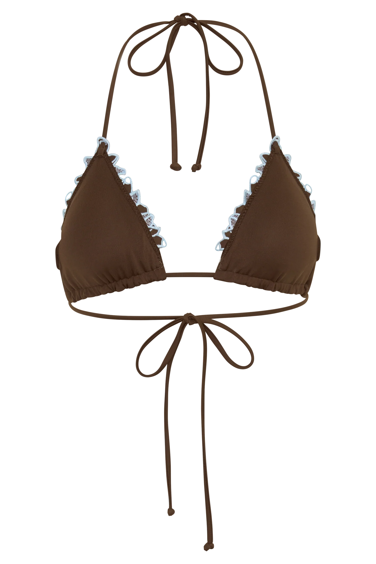 Bloom Embroidered Triangle Bikini Top - Chocolate With Pale Blue Embroidery