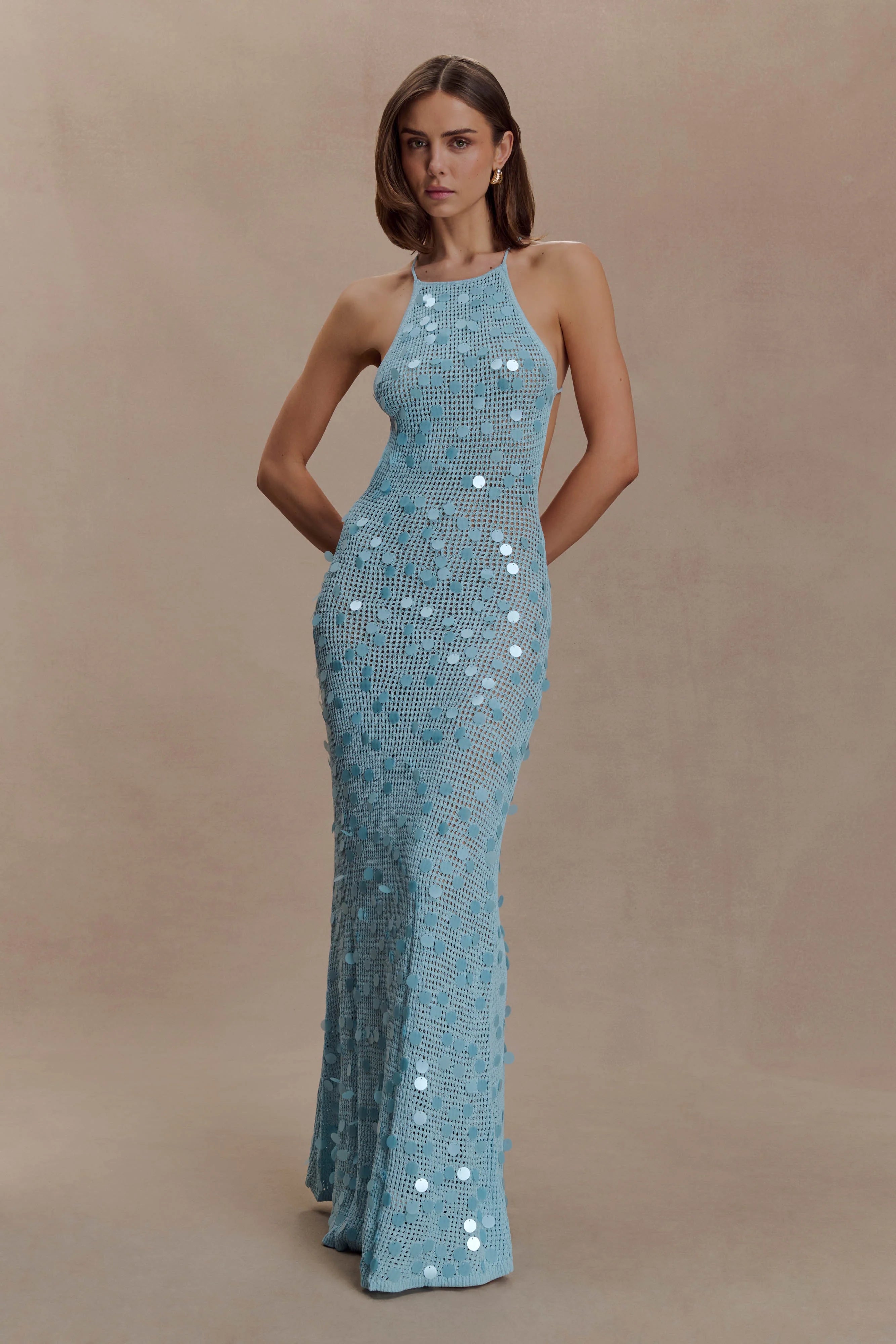 Carmen Crochet Sequin Maxi Open Back Dress - Blue