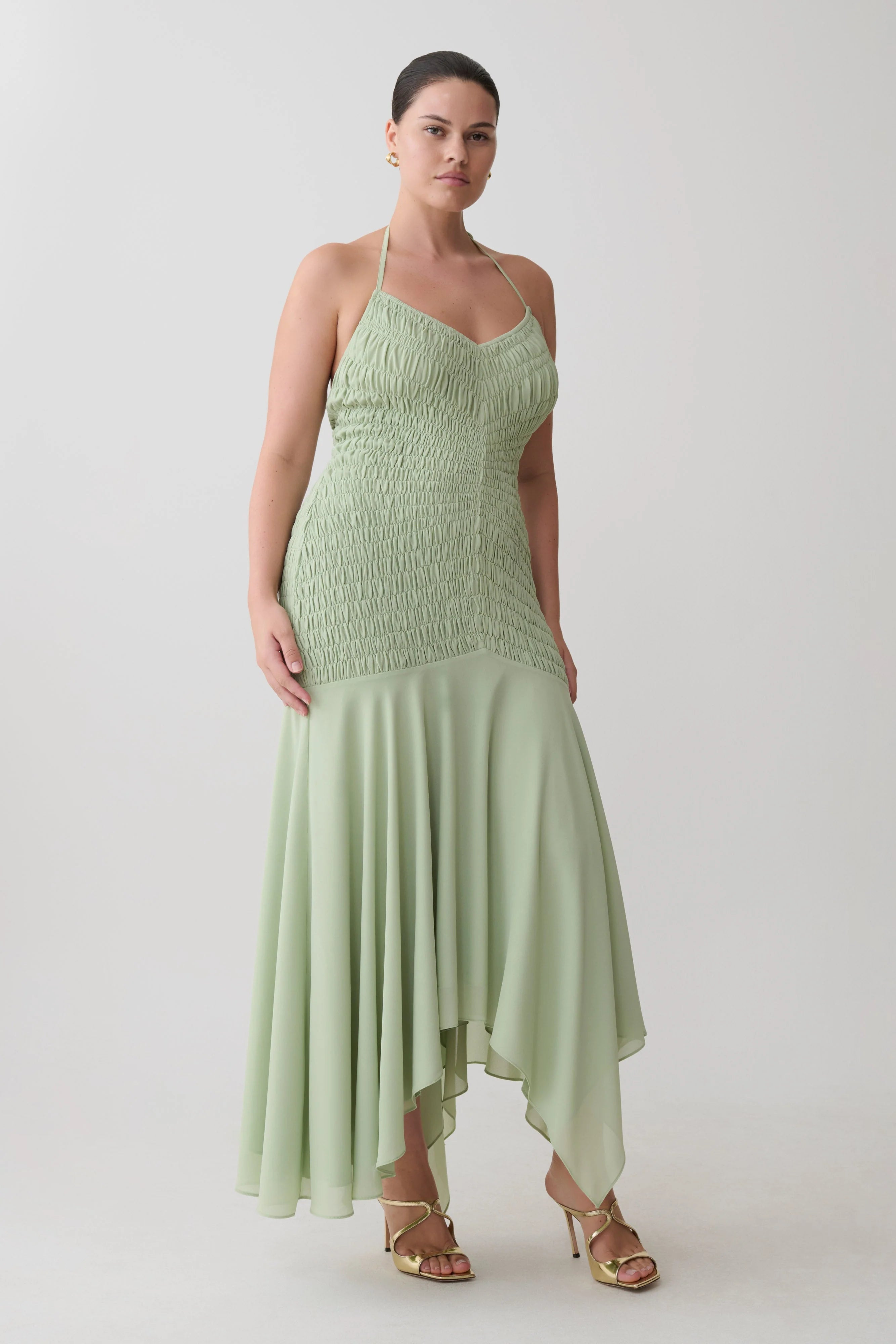 Evelyn Shirred Chiffon Maxi Dress - Sage