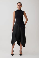 Coralie Asymmetric Satin Midi Skirt - Black