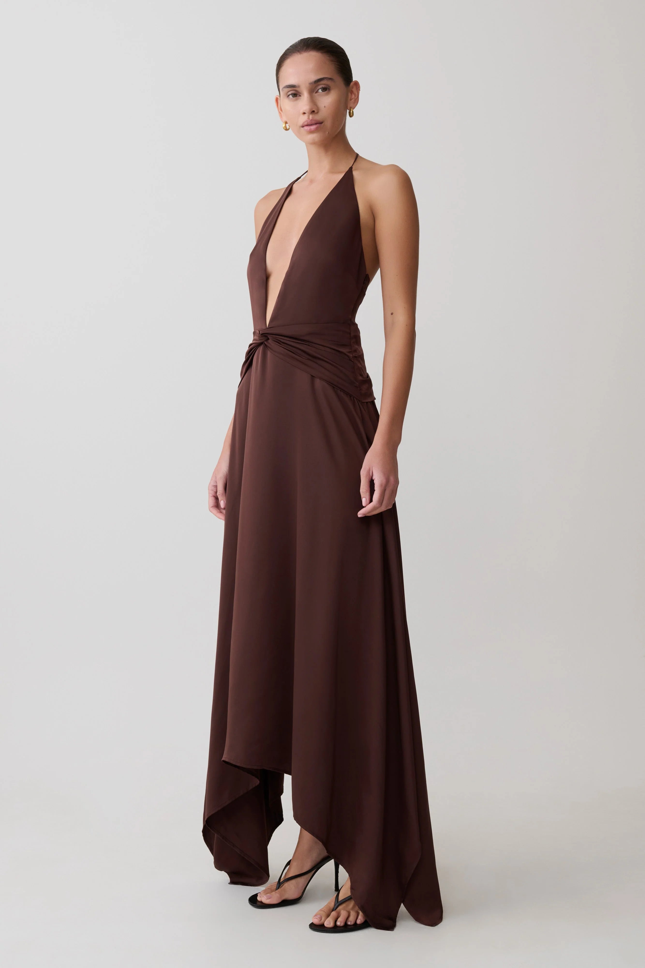 Cyra Plunge Satin Midi Dress - Dark Chocolate