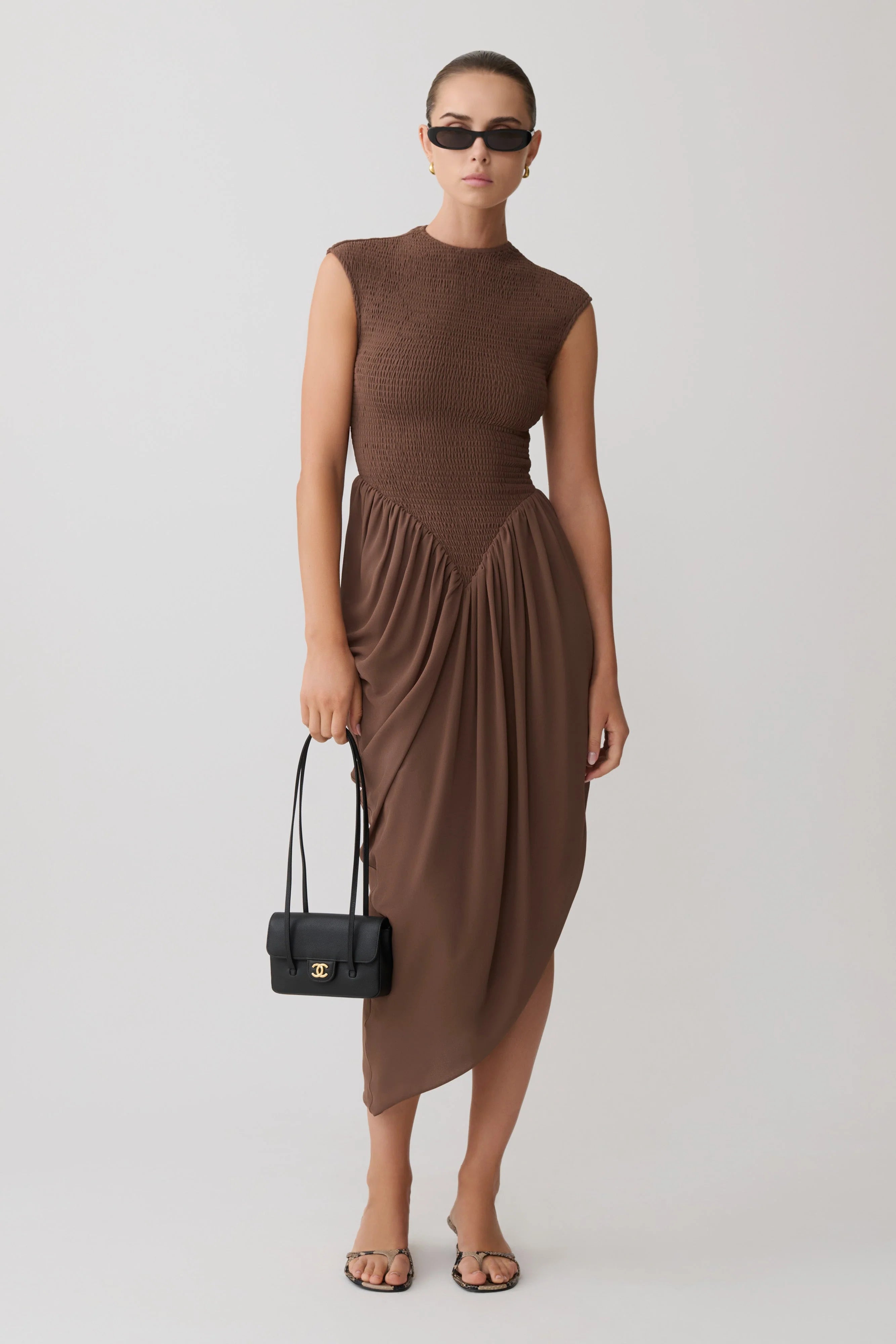 Nola Shirred Asymmetric Midi Dress - Mocha