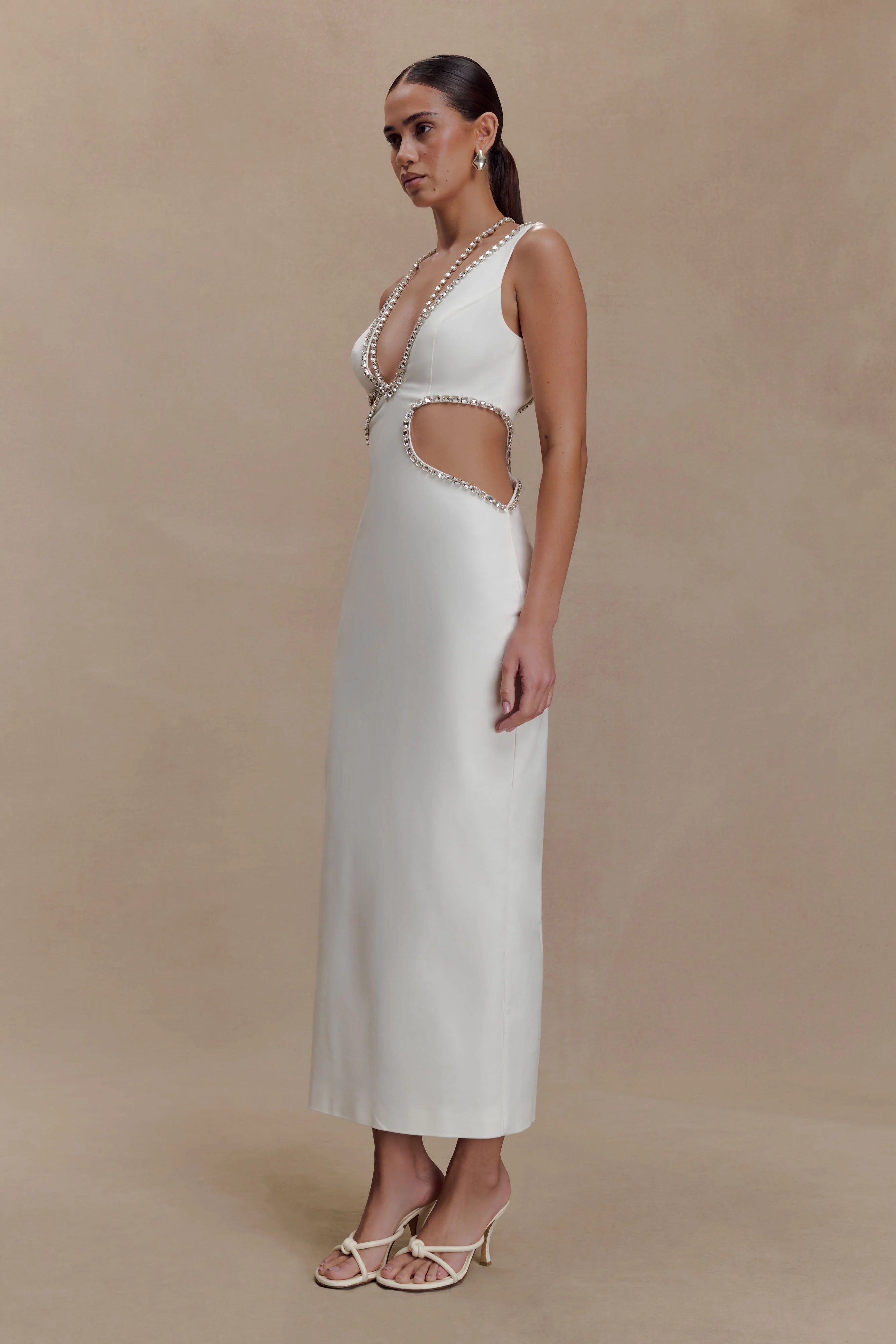 Henny Diamante Trim Cut Out Midi Dress - White