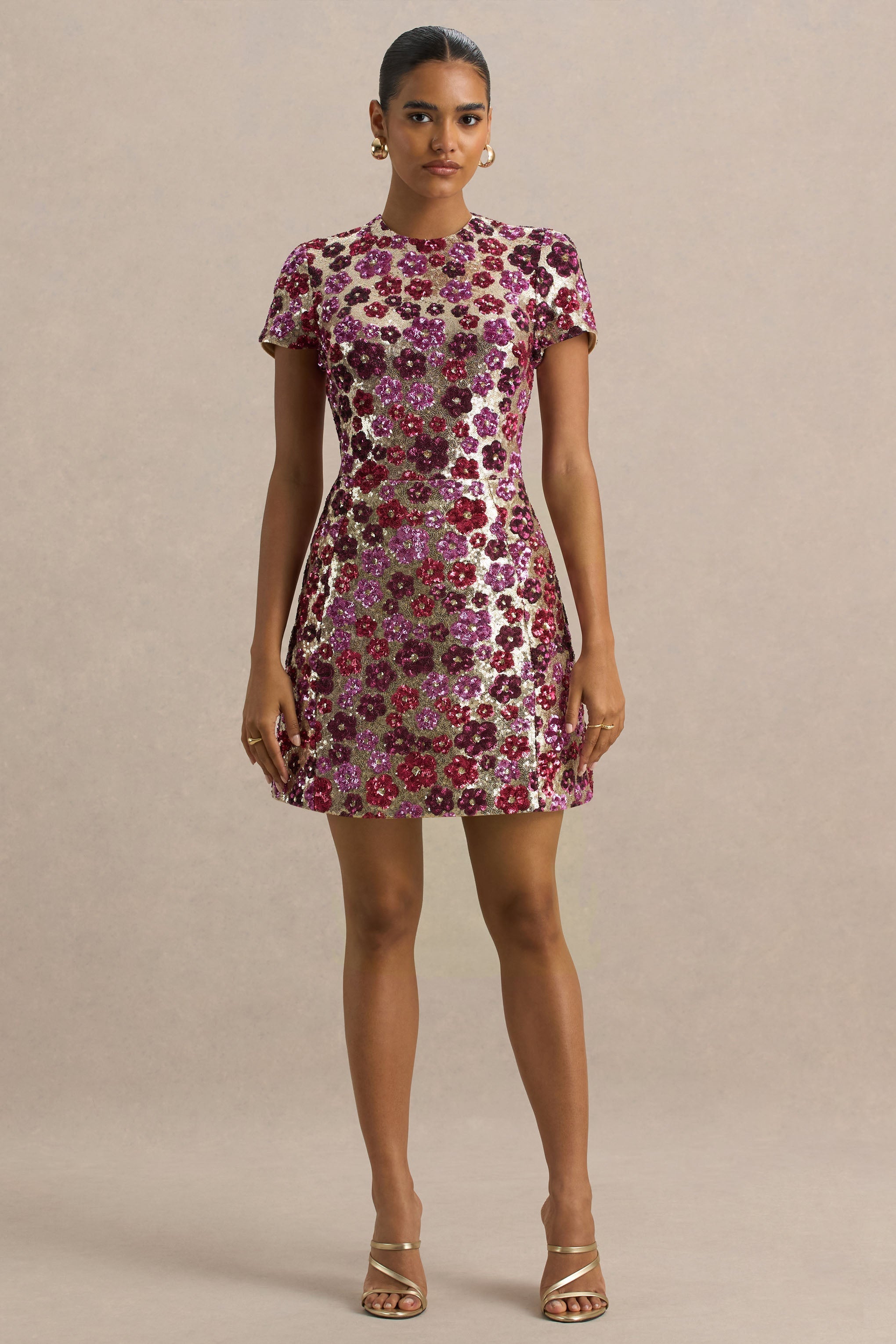 Eira | Pink Floral Embellished Sequin Crew-Neck Mini Dress