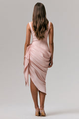 Letitia | Pale Pink Square-Neck Floral Detailed Wrap Midi Dress